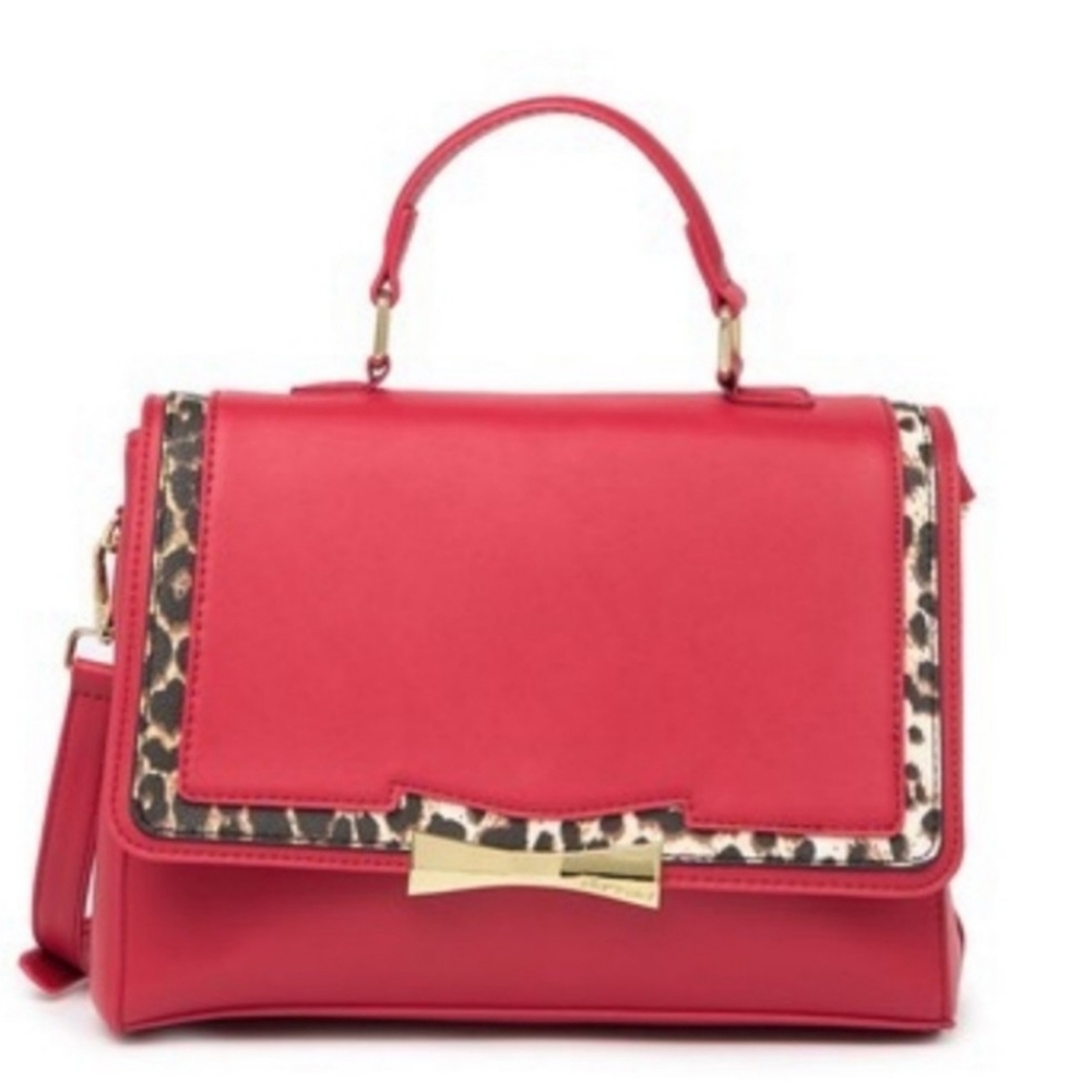 Betsey Johnson Satchel  Red with Leopard Trim Approx 9x11x4